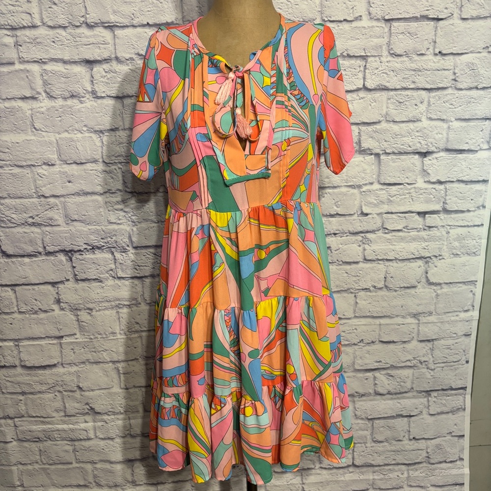 Colorful Boho Mini Dress Tassel Tie Neck Retro Print Tiered Babydoll Small